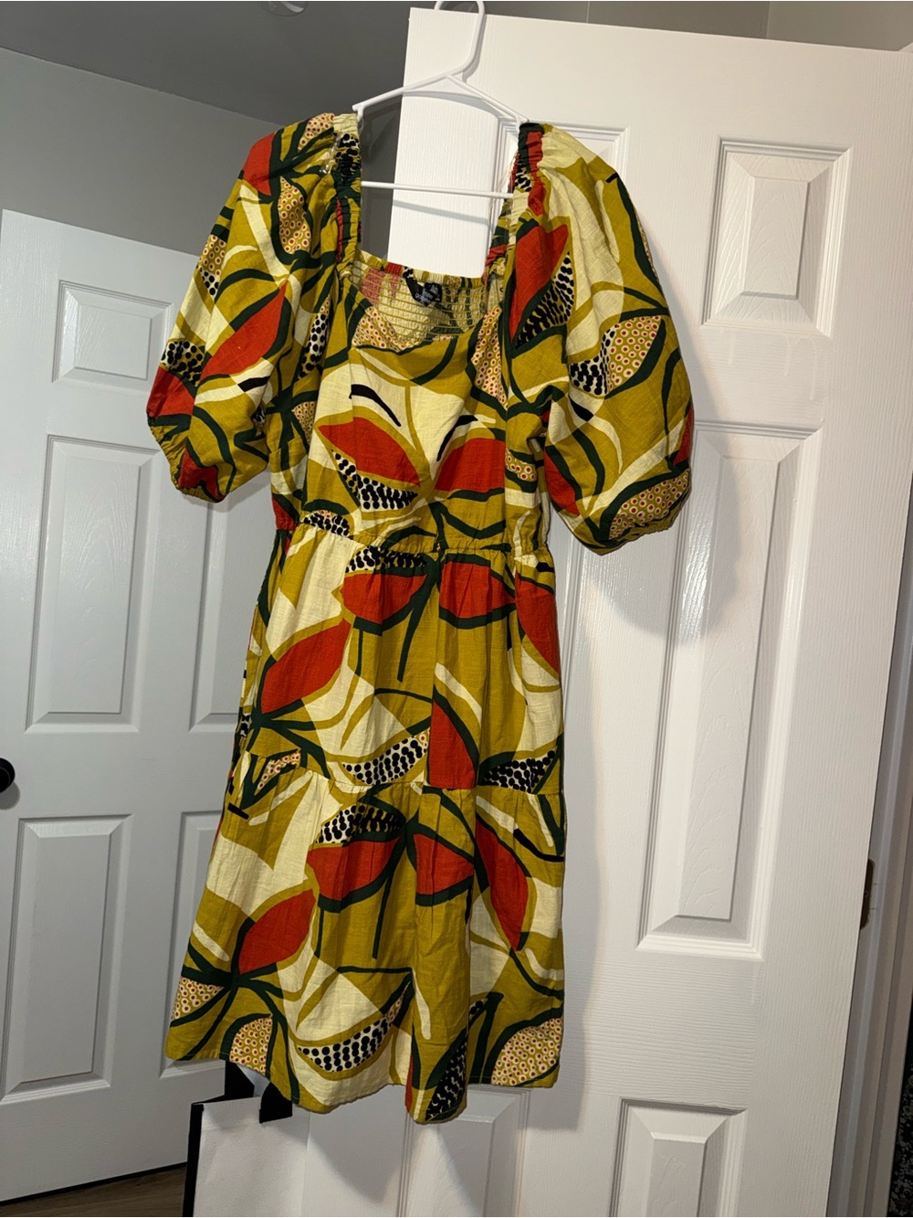 Mlle Gabrielle Olive Mustard Midi Dress with Red Print
